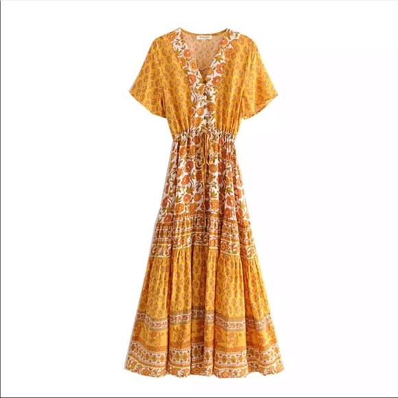 Yellow White Boho Floral Gypsy Print Maxi Dress - Picture 5 of 8